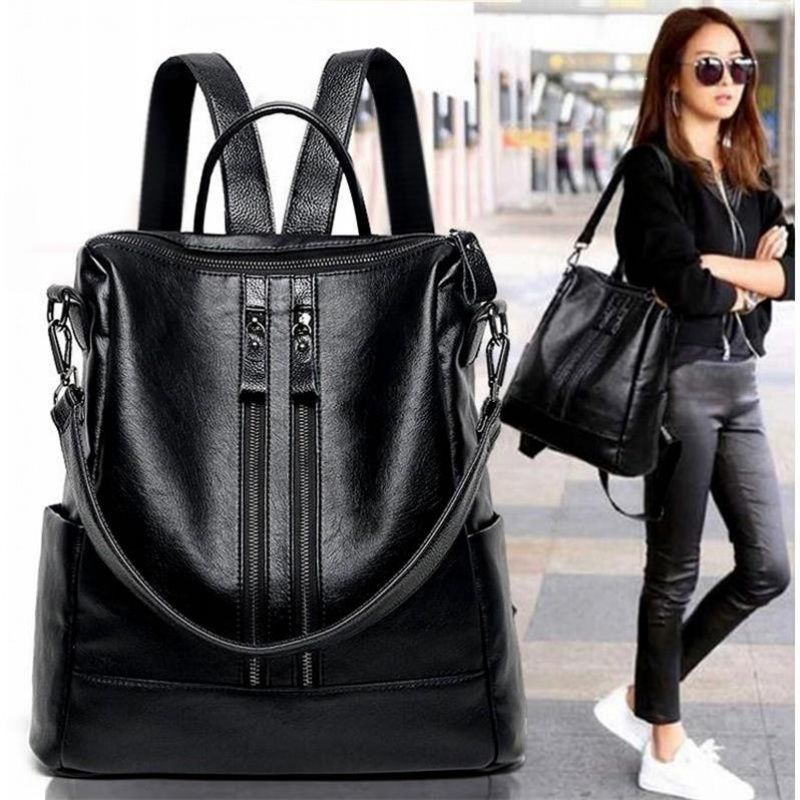 Canvas Backpack Casual - กระเป๋าเป้สะพายหลังหนังนิ่มสำหรับผู้หญิง สีดำ สไตล์ลำลองอเนกประสงค์ เหมาะสำหรับนักเรียน นักศึกษา ความจุขนาดใหญ่