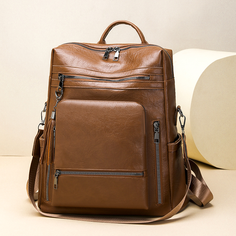 Leather Backpack Vintage - กระเป๋าเป้หนังวินเทจลายหนัง ชุดกระเป๋าอเนกประสงค์ สีพื้น PU ความจุขนาดใหญ่ หลายช่อง